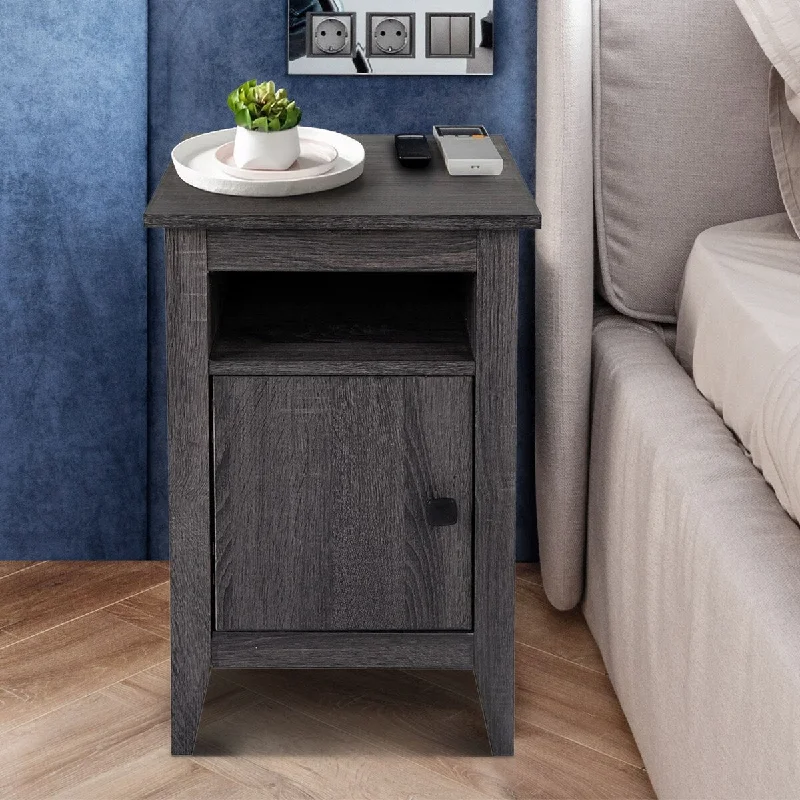 Vintage Style Bedside Table With Single Door Locker and Open Shelves, MDF Foot Bottom With Felt Pad