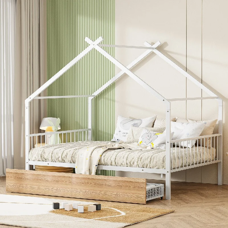 White House-shaped Metal Frame Bed for Children Bed with 2 Drawer Storage Bed and Roof, Full Size Platform Bed