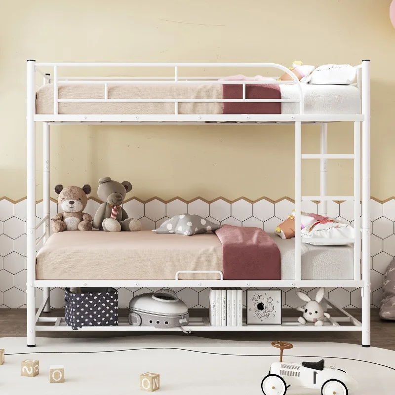 White Metal Bed and Platform Bed Convertible Twin Over Twin Size Bunk Bed with Full-Length Guardrails, Ladder, Storage Shelf