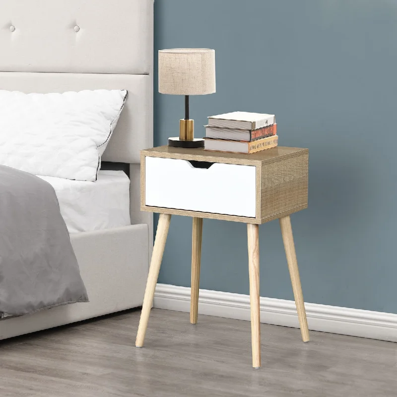 White Mid-Century Modern Bedside Table, Roomy Storage, Rubber Wood Legs