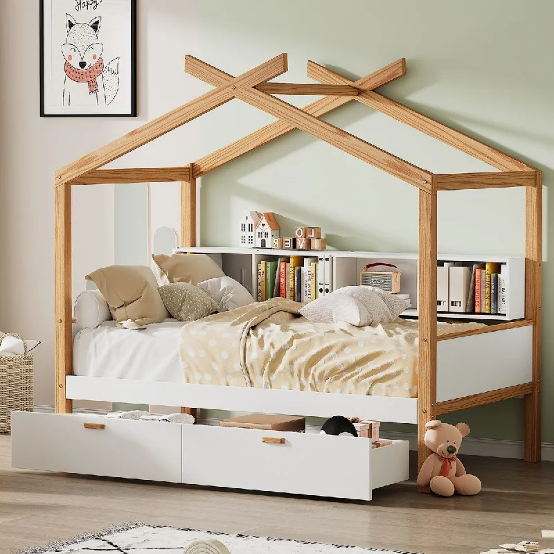 Wooden Twin Size House Bed with 2 Drawers and Bookshelf