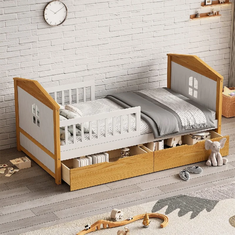 Wooden Twin Size House Shape Bed with 2 Drawers