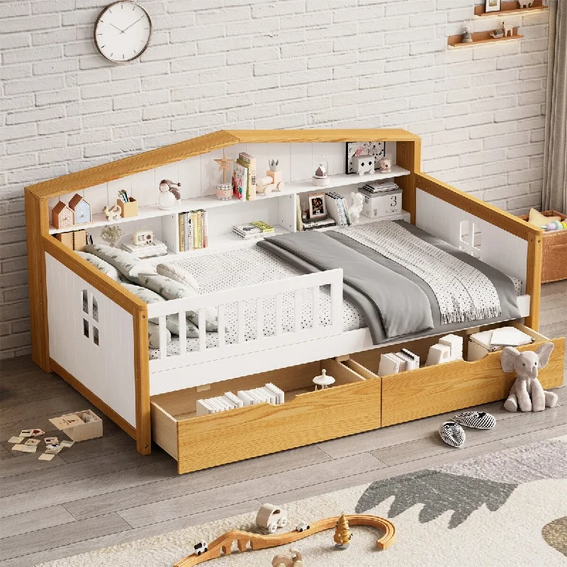 Wooden Twin Size House Shape Bed with 2 Drawers and Bookcase Headboard