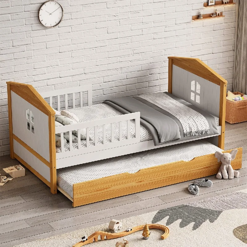 Wooden Twin Size House Shape Bed with Trundle