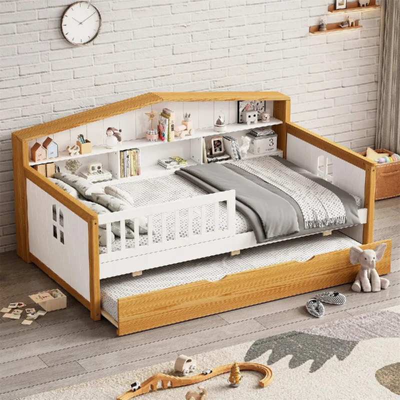 Wooden Twin Size House Shape Bed with Trundle and Bookcase Headboard