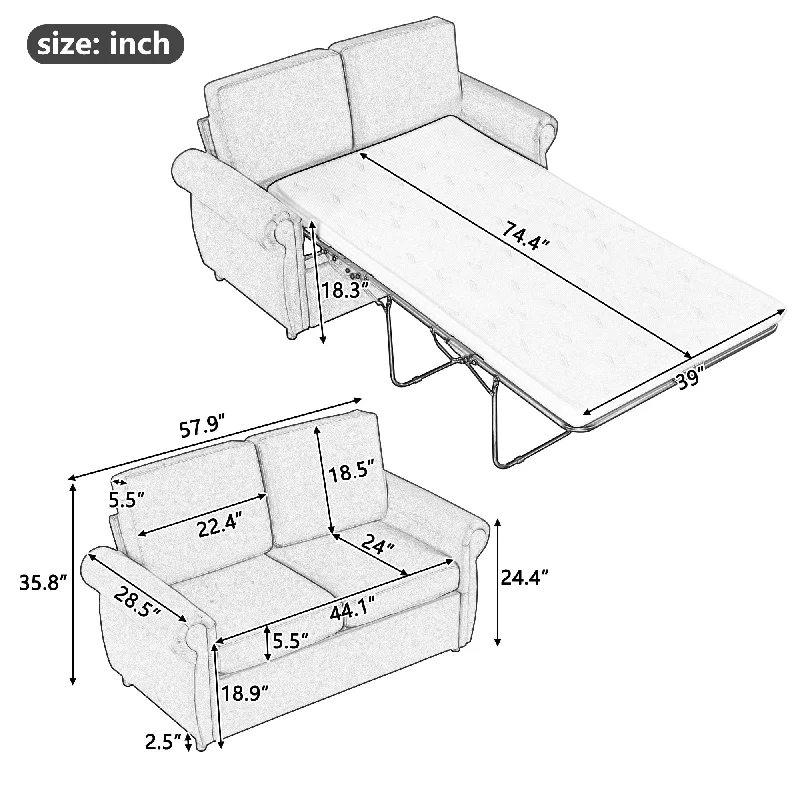 57.9" Pull-Out Sofa Bed Loveseat with Memory Foam Mattress and 2 USB Ports for Living Room or Apartment.